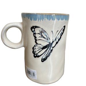 Tall Mug With Butterfly Monarch Image Asymmetrical Stoneware Form Ring Handle